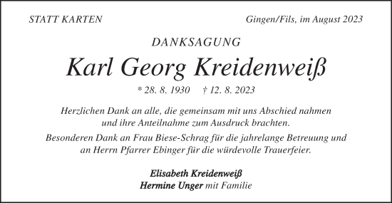 Traueranzeige von Karl Georg Kreidenweiß von Geislinger Zeitung