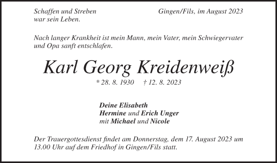 Traueranzeige von Karl Georg Kreidenweiß von Geislinger Zeitung