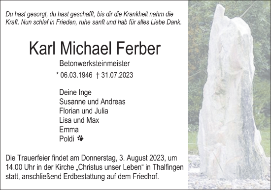 Traueranzeige von Karl Michael Ferber von SÜDWEST PRESSE Ausgabe Ulm/Neu-Ulm