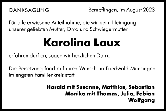 Traueranzeige von Karolina Laux von SÜDWEST PRESSE/SÜDWEST PRESSE