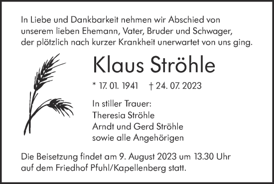 Traueranzeige von Klaus Ströhle von SÜDWEST PRESSE Ausgabe Ulm/Neu-Ulm