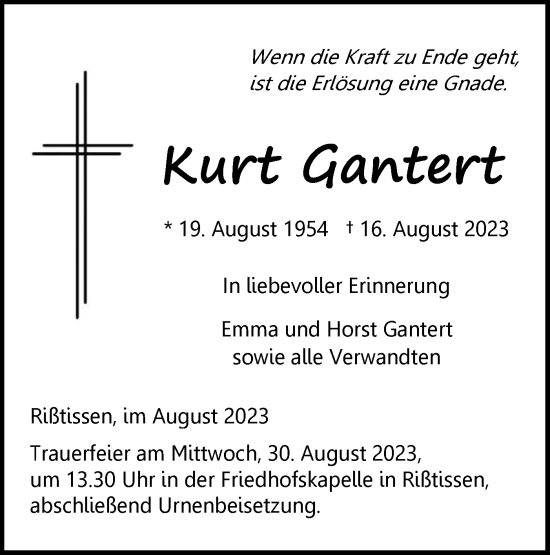 Traueranzeige von Kurt Gantert von Ehinger Tagblatt