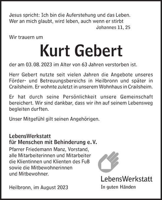 Traueranzeige von Kurt Gebert von Hohenloher Tagblatt