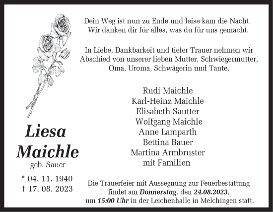 Traueranzeige von Liesa Maichle von Hohenzollerische Zeitung