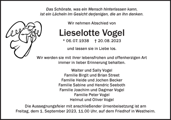 Traueranzeige von Lieselotte Vogel von Haller Tagblatt