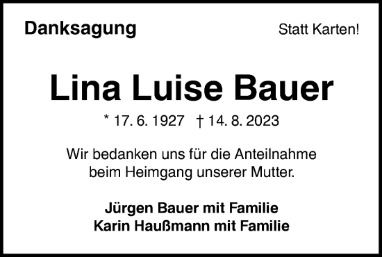 Traueranzeige von Lina Luise Bauer von Alb-Bote/Metzinger-Uracher Volksblatt