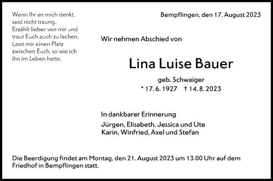 Traueranzeige von Lina Luise Bauer von SÜDWEST PRESSE/SÜDWEST PRESSE