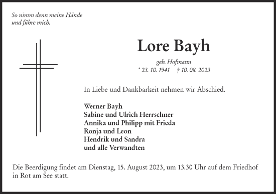 Traueranzeige von Lore Bayh von Hohenloher Tagblatt