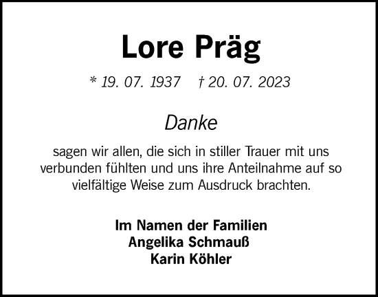 Traueranzeige von Lore Präg von Hohenloher Tagblatt