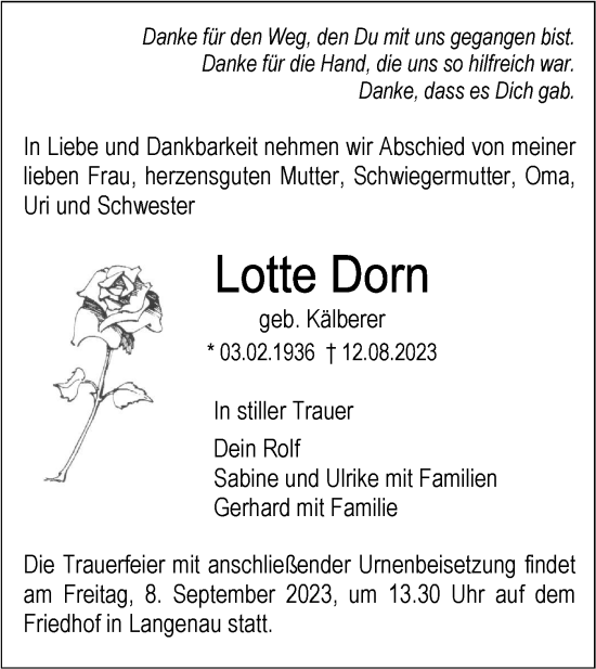 Traueranzeige von Lotte Dorn von NWZ Neue Württembergische Zeitung