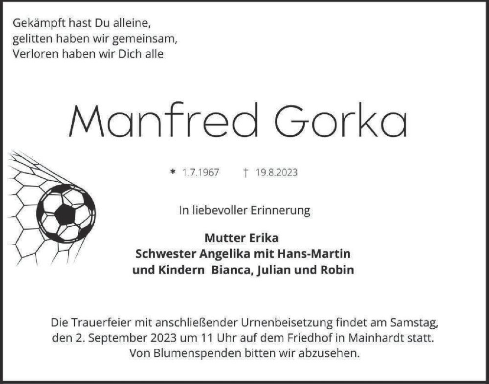  Traueranzeige für Manfred Gorka vom 26.08.2023 aus Haller Tagblatt