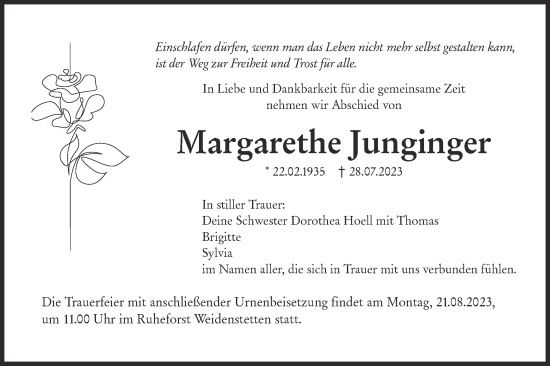 Traueranzeige von Margarethe Junginger von SÜDWEST PRESSE Ausgabe Ulm/Neu-Ulm