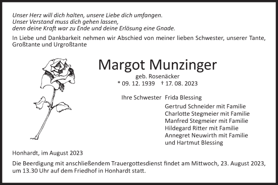 Traueranzeige von Margot Munzinger von Hohenloher Tagblatt