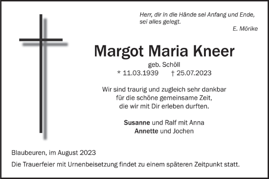 Traueranzeige von Margot Maria Kneer von Das Blaumännle