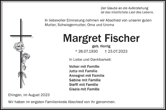 Traueranzeige von Margret Fischer von Ehinger Tagblatt