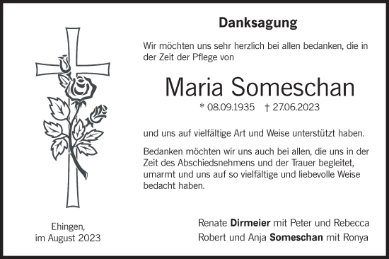 Traueranzeige von Maria Someschan von Ehinger Tagblatt