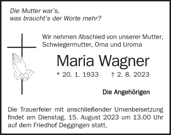 Traueranzeige von Maria Wagner von Geislinger Zeitung