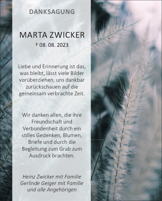 Traueranzeige von Marta Zwicker von NWZ Neue Württembergische Zeitung