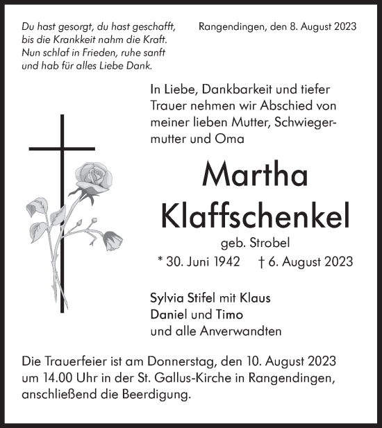 Traueranzeige von Martha Klaffschenkel von Hohenzollerische Zeitung