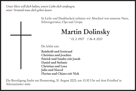 Traueranzeige von Martin Dolinsky von Hohenloher Tagblatt