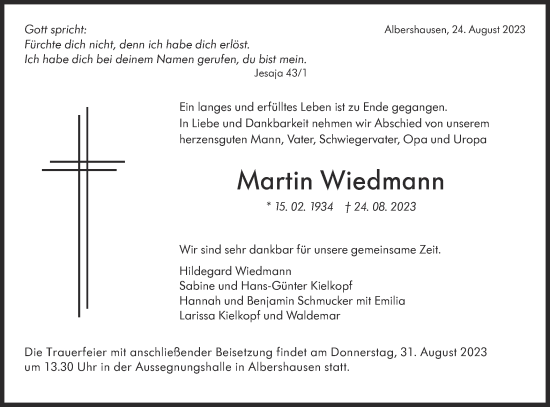 Traueranzeige von Martin Wiedmann von NWZ Neue Württembergische Zeitung