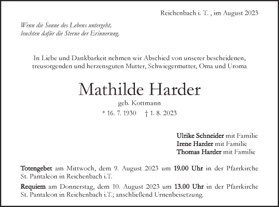 Traueranzeige von Mathilde Harder von Geislinger Zeitung