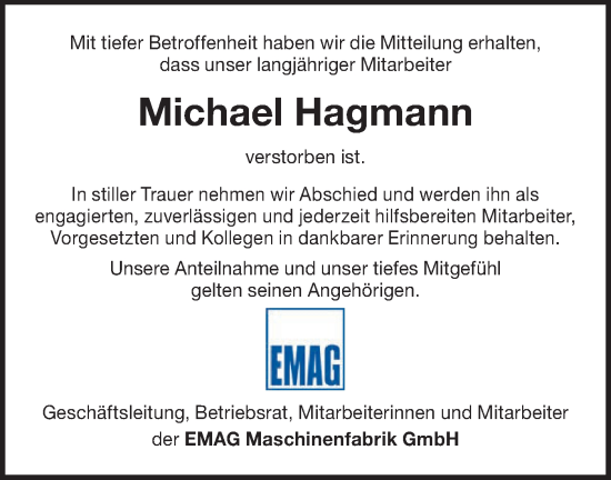 Traueranzeige von Michael Hagmann von NWZ Neue Württembergische Zeitung