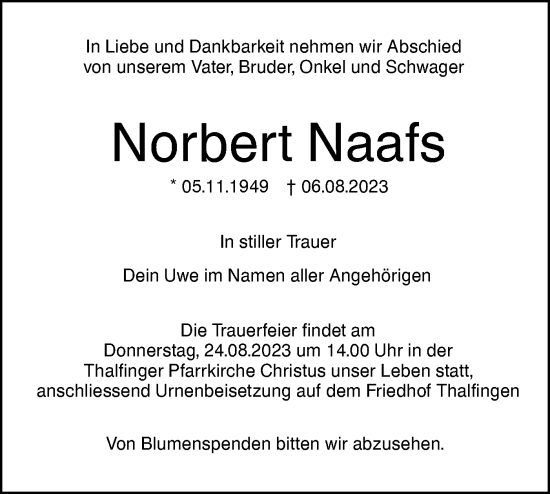 Traueranzeige von Norbert Naafs von SÜDWEST PRESSE Ausgabe Ulm/Neu-Ulm