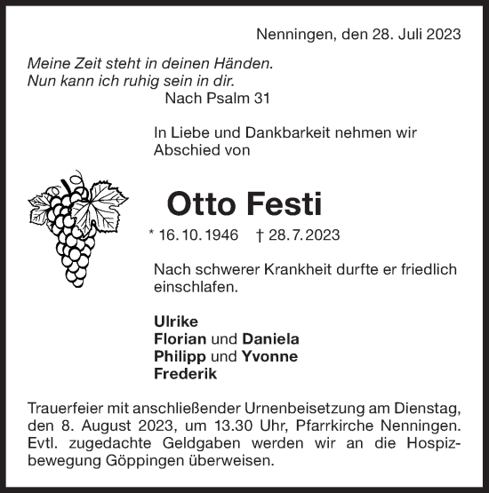 Traueranzeige von Otto Festi von NWZ Neue Württembergische Zeitung