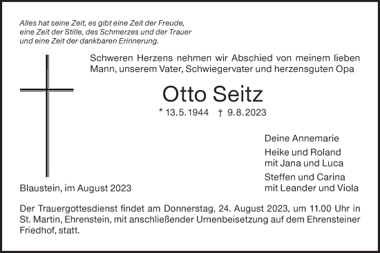 Traueranzeige von Otto Seitz von SÜDWEST PRESSE Ausgabe Ulm/Neu-Ulm