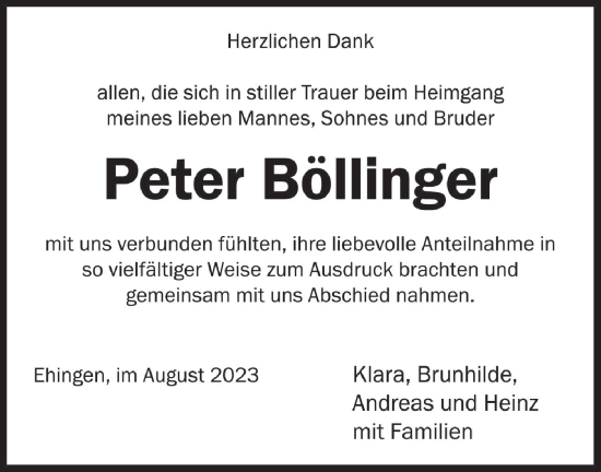 Traueranzeige von Peter Böllinger von Ehinger Tagblatt