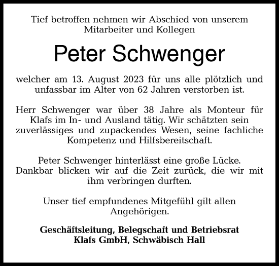 Traueranzeige von Peter Schwenger von Haller Tagblatt