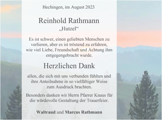 Traueranzeige von Reinhold Rathmann von Hohenzollerische Zeitung