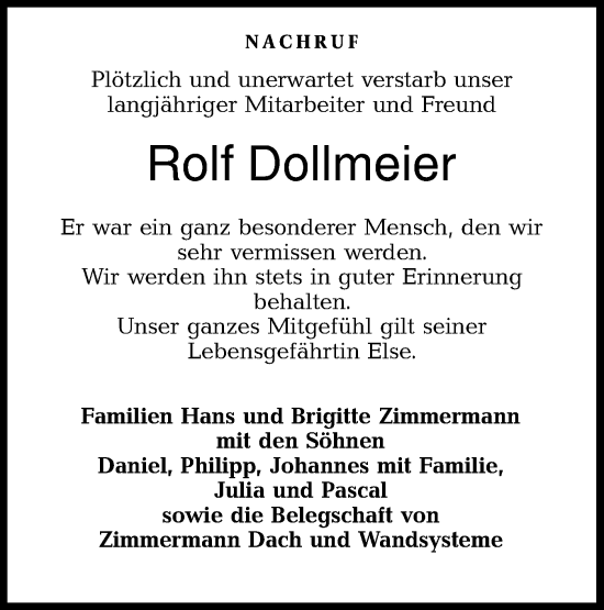 Traueranzeige von Rolf Dollmeier von Hohenloher Tagblatt