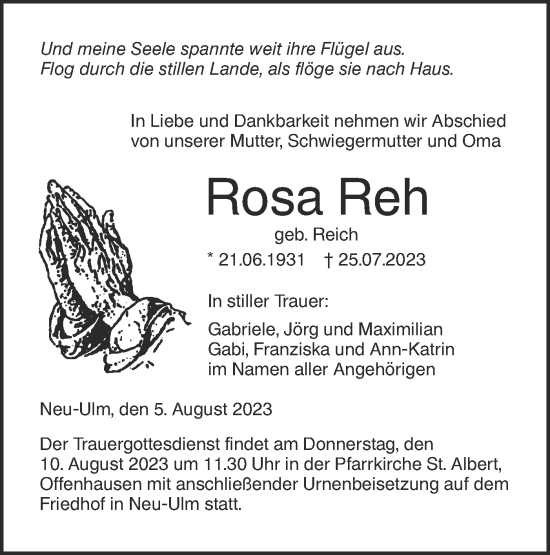 Traueranzeige von Rosa Reh von SÜDWEST PRESSE Ausgabe Ulm/Neu-Ulm