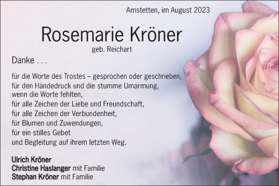 Traueranzeige von Rosemarie Kröner von Geislinger Zeitung