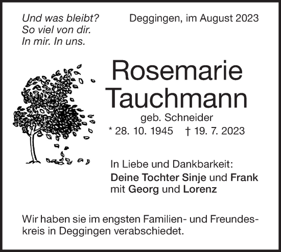 Traueranzeige von Rosemarie Tauchmann von Geislinger Zeitung