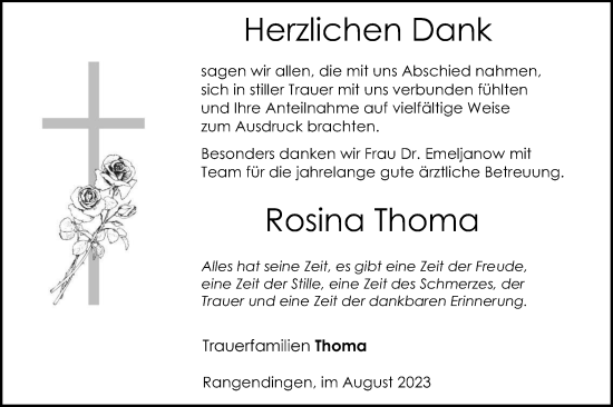 Traueranzeige von Rosina Thoma von Hohenzollerische Zeitung