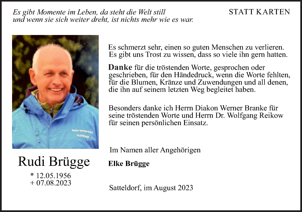  Traueranzeige für Rudi Brügge vom 26.08.2023 aus Hohenloher Tagblatt