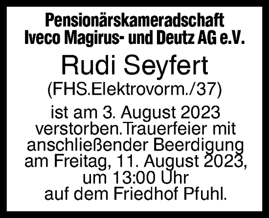 Traueranzeige von Rudi Seyfert von SÜDWEST PRESSE Ausgabe Ulm/Neu-Ulm