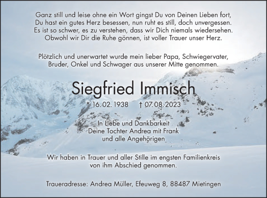 Traueranzeige von Siegfried Immisch von SÜDWEST PRESSE Ausgabe Ulm/Neu-Ulm