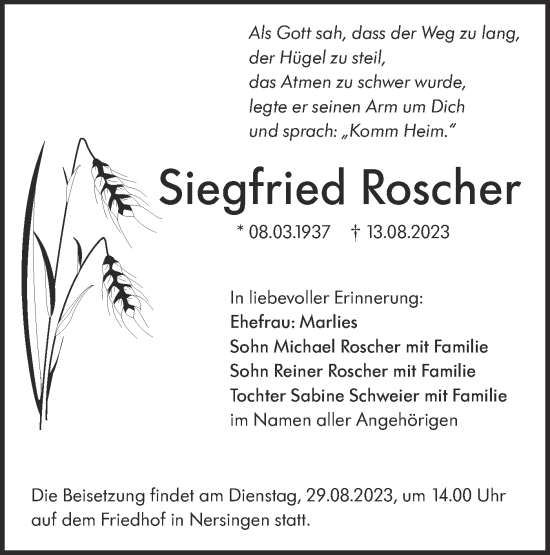 Traueranzeige von Siegfried Roscher von SÜDWEST PRESSE Ausgabe Ulm/Neu-Ulm