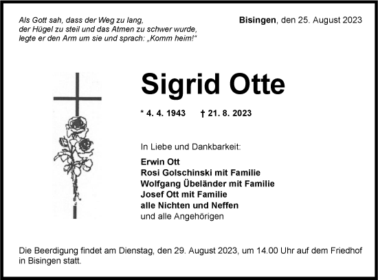 Traueranzeige von Sigrid Otte von Hohenzollerische Zeitung