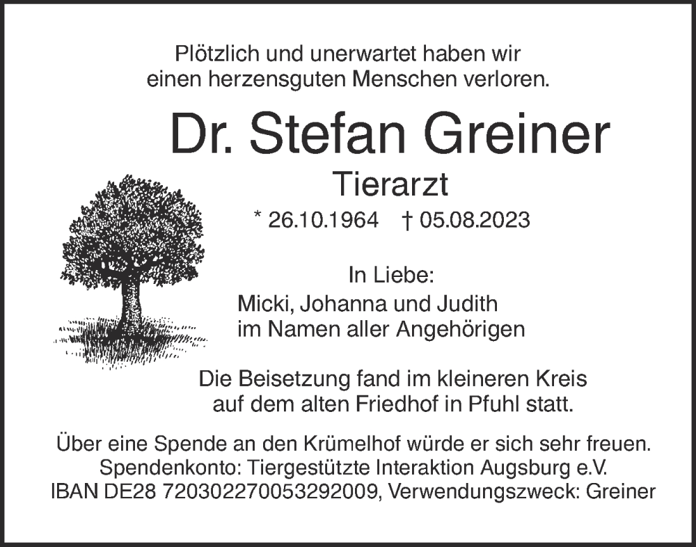  Traueranzeige für Stefan Greiner vom 26.08.2023 aus SÜDWEST PRESSE Ausgabe Ulm/Neu-Ulm