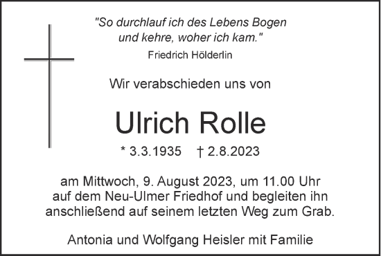 Traueranzeige von Ulrich Rolle von SÜDWEST PRESSE Ausgabe Ulm/Neu-Ulm