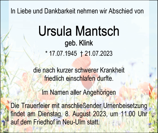 Traueranzeige von Ursula Mantsch von SÜDWEST PRESSE Ausgabe Ulm/Neu-Ulm