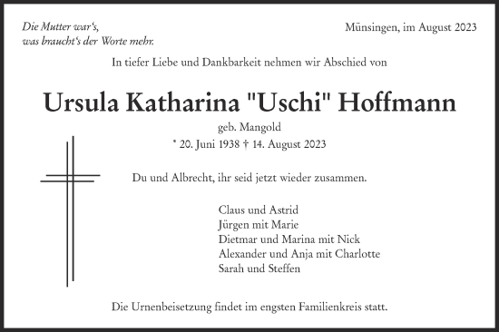 Traueranzeige von Ursula Katharina Hoffmann von Alb-Bote/Metzinger-Uracher Volksblatt