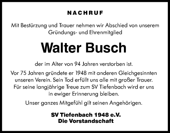 Traueranzeige von Walter Busch von Hohenloher Tagblatt