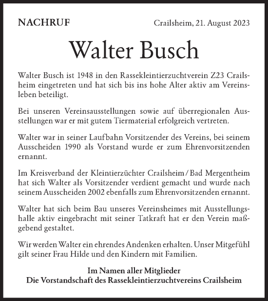 Traueranzeige von Walter Busch von Hohenloher Tagblatt