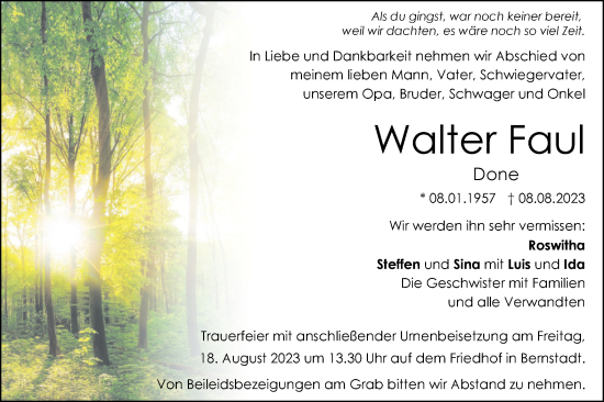 Traueranzeige von Walter Faul von SÜDWEST PRESSE Ausgabe Ulm/Neu-Ulm